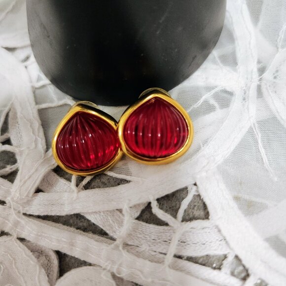 Red Costume Stud Earrings on Gold Tone Base Bright Bold Jewelry - Picture 5 of 8